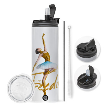 Gold Dancer, Travel Tumbler θερμό με διπλό καπάκι, μεταλλικό καλαμάκι και βούρτσα καθαρισμού (Ανωξείδωτο 304 Food grade, BPA free, 600ml)