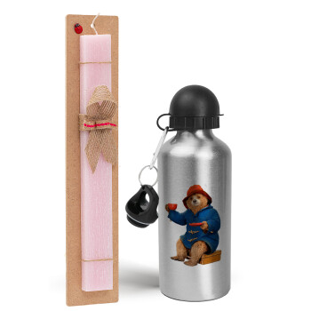 Αρκουδάκι Πάντινγκτον, Easter Set, metallic Silver aluminum water bottle (500ml) & scented flat Easter candle (30cm) (PINK)