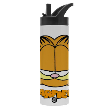 Garfield, Μεταλλικό παγούρι θερμός με καλαμάκι & χειρολαβή, ανοξείδωτο ατσάλι (Stainless steel 304), διπλού τοιχώματος, 600ml