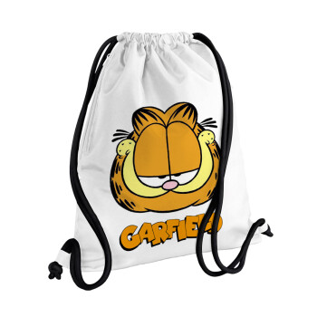 Garfield, Τσάντα πλάτης πουγκί GYMBAG λευκή, με τσέπη (40x48cm) & χονδρά κορδόνια