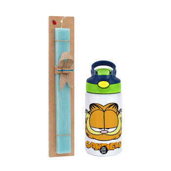Garfield, Πασχαλινό Σετ, Παιδικό παγούρι θερμό, ανοξείδωτο, με καλαμάκι ασφαλείας, πράσινο/μπλε (350ml) & πασχαλινή λαμπάδα αρωματική πλακέ (30cm) (ΤΙΡΚΟΥΑΖ)