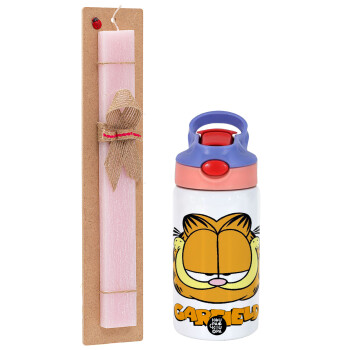 Garfield, Easter Set, Children's thermal stainless steel water bottle with safety straw, pink/purple (350ml) & Easter scented flat candle (30cm) (PINK)