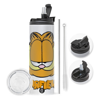 Garfield, Travel Tumbler θερμό με διπλό καπάκι, μεταλλικό καλαμάκι και βούρτσα καθαρισμού (Ανωξείδωτο 304 Food grade, BPA free, 600ml)