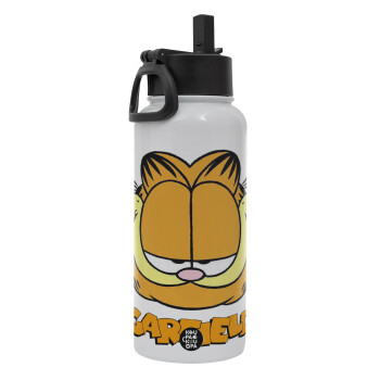 Garfield, Μεταλλικό παγούρι θερμός Λευκό με καλαμάκι και χερούλι (Stainless steel), διπλού τοιχώματος, 950ml