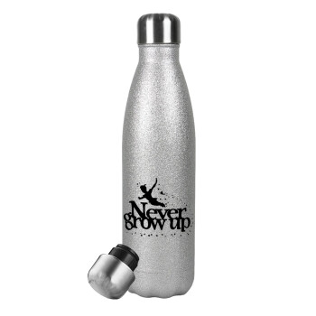 Peter pan, Never Grow UP, Metallic Glitter Silver Thermos Flask (Stainless steel), double-walled, 500ml