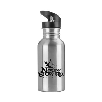Peter pan, Never Grow UP, Water bottle Silver with straw, stainless steel 600ml