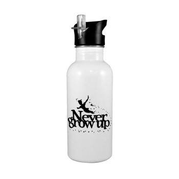 Peter pan, Never Grow UP, White water bottle with straw, stainless steel 600ml