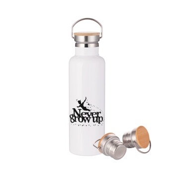 Peter pan, Never Grow UP, Stainless steel White with wooden lid (bamboo), double wall, 750ml