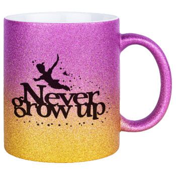 Peter pan, Never Grow UP, Κούπα Χρυσή/Ροζ Glitter, κεραμική, 330ml