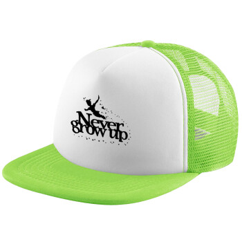 Peter pan, Never Grow UP, Child's Soft Trucker Hat with Green/White Mesh (POLYESTER, CHILDREN'S, ONE SIZE)