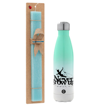 Peter pan, Never Grow UP, Easter Set, Metallic green/white thermos (Stainless steel), double-walled, 500ml & scented flat Easter candle (30cm) (TURQUOISE)