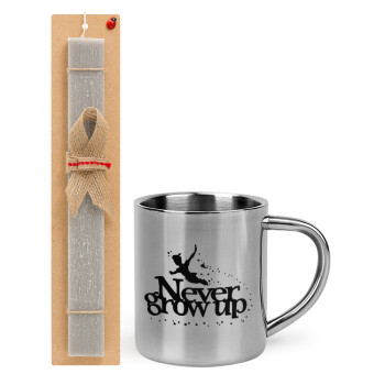 Peter pan, Never Grow UP, Easter Set, metallic thermal cup (300ml) & Easter aromatic flat candle (30cm) (GRAY)