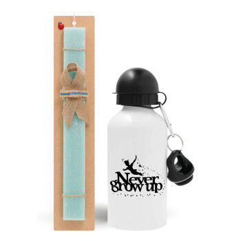 Peter pan, Never Grow UP, Easter Set, metallic aluminum water bottle (500ml) & scented flat candle (30cm) (TURQUOISE)