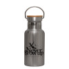 Stainless steel metallic thermos flask, silver with a bamboo lid, double-walled, 350ml.