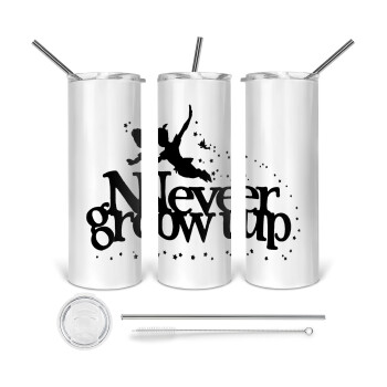 Peter pan, Never Grow UP, Tumbler ποτήρι θερμό από ανοξείδωτο ατσάλι 600ml, με μεταλλικό καλαμάκι & βούρτσα καθαρισμού