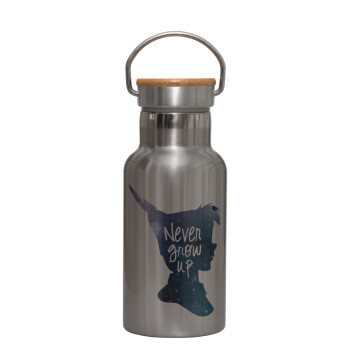 Never Grow UP, Stainless steel metallic thermos flask, silver with a bamboo lid, double-walled, 350ml.