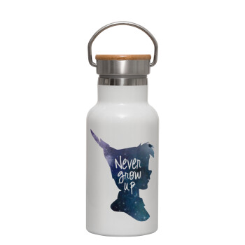 Never Grow UP, Metallic thermos (Stainless steel) White with wooden lid (bamboo), double-walled, 350ml