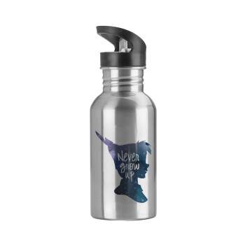 Never Grow UP, Water bottle Silver with straw, stainless steel 600ml