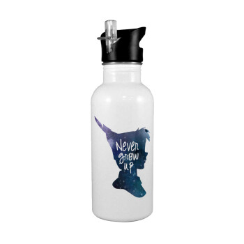 Never Grow UP, White water bottle with straw, stainless steel 600ml