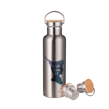 Never Grow UP, Stainless steel Silver with wooden lid (bamboo), double wall, 750ml