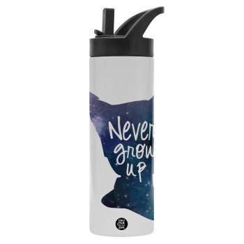 Never Grow UP, Metallic thermos bottle with straw & handle, stainless steel (Stainless steel 304), double-walled, 600ml.