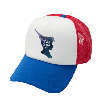 Never Grow UP, Adult Soft Trucker Hat with Red/Blue/White Mesh (POLYESTER, ADULT, UNISEX, ONE SIZE)