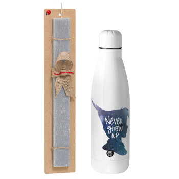 Never Grow UP, Easter Set, metallic Inox water bottle (700ml) & Easter scented flat candle (30cm) (GRAY)