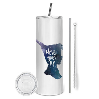 Never Grow UP, Tumbler ποτήρι θερμό από ανοξείδωτο ατσάλι 600ml, με μεταλλικό καλαμάκι & βούρτσα καθαρισμού