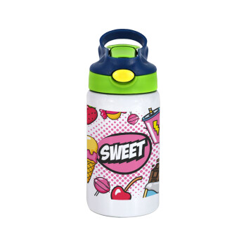 SWEET, Children's hot water bottle, stainless steel, with safety straw, green, blue (350ml)