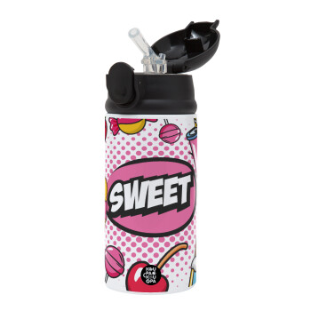 SWEET, Children's hot water bottle, stainless steel, with safety straw, Black (360ml) BPA-FREE