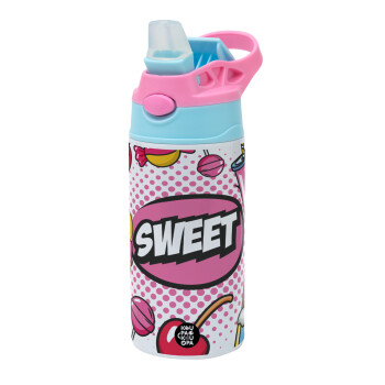 SWEET, Children's hot water bottle, stainless steel, with safety straw, Pink/BlueCiel (360ml) BPA FREE