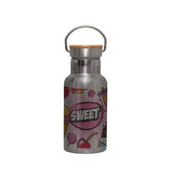 SWEET, Stainless steel metallic thermos flask, silver with a bamboo lid, double-walled, 350ml.