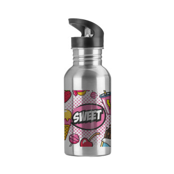 SWEET, Water bottle Silver with straw, stainless steel 600ml