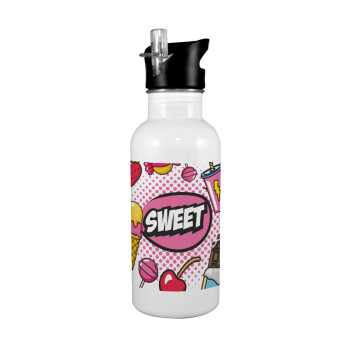 SWEET, White water bottle with straw, stainless steel 600ml