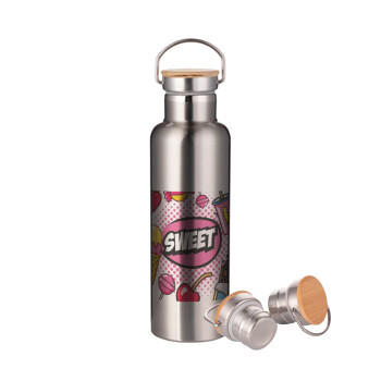 SWEET, Stainless steel Silver with wooden lid (bamboo), double wall, 750ml