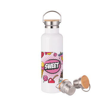 SWEET, Stainless steel White with wooden lid (bamboo), double wall, 750ml