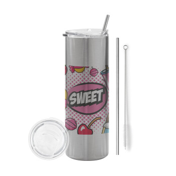 SWEET, Tumbler stainless steel Silver 600ml, with metal straw & cleaning brush