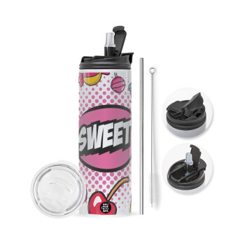 SWEET, Travel Tumbler θερμό με διπλό καπάκι, μεταλλικό καλαμάκι και βούρτσα καθαρισμού (Ανωξείδωτο 304 Food grade, BPA free, 600ml)