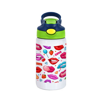 LIPS, Children's hot water bottle, stainless steel, with safety straw, green, blue (350ml)