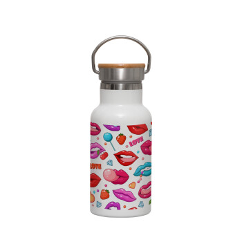 LIPS, Metallic thermos (Stainless steel) White with wooden lid (bamboo), double-walled, 350ml