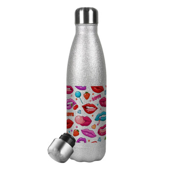 LIPS, Μεταλλικό παγούρι θερμός Glitter Aσημένιο (Stainless steel), διπλού τοιχώματος, 500ml