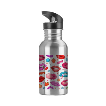 LIPS, Water bottle Silver with straw, stainless steel 600ml