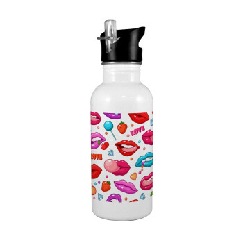 LIPS, White water bottle with straw, stainless steel 600ml