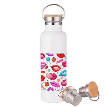 LIPS, Stainless steel White with wooden lid (bamboo), double wall, 750ml