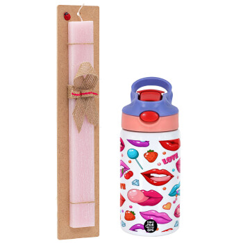 LIPS, Easter Set, Children's thermal stainless steel water bottle with safety straw, pink/purple (350ml) & Easter scented flat candle (30cm) (PINK)