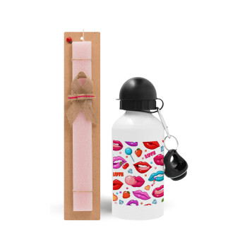 LIPS, Easter Set, metallic aluminum bottle (500ml) & aromatic flat Easter candle (30cm) (PINK)