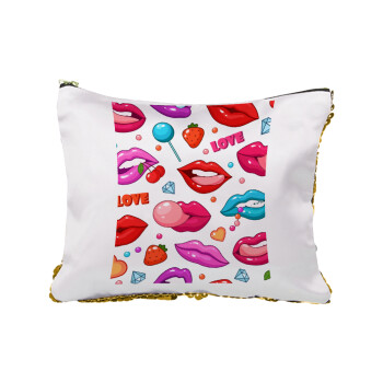 LIPS, Sequin Gold Pouch Cosmetic Bag