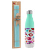 Easter Set, Metallic green/white thermos (Stainless steel), double-walled, 500ml & scented flat Easter candle (30cm) (TURQUOISE)