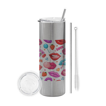 LIPS, Eco friendly ποτήρι θερμό Ασημένιο (tumbler) από ανοξείδωτο ατσάλι 600ml, με μεταλλικό καλαμάκι & βούρτσα καθαρισμού