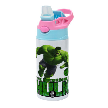 Hulk, Children's hot water bottle, stainless steel, with safety straw, Pink/BlueCiel (360ml) BPA FREE